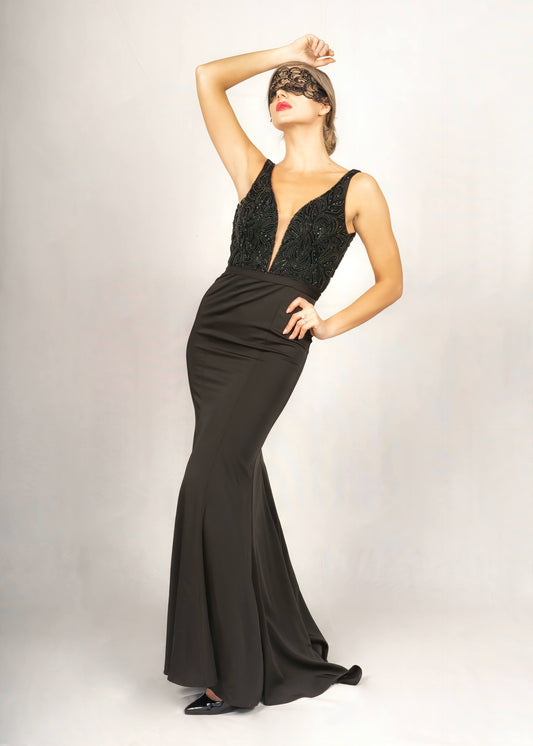 Evening Black Beaded Bodice With Fish Tail Skirt