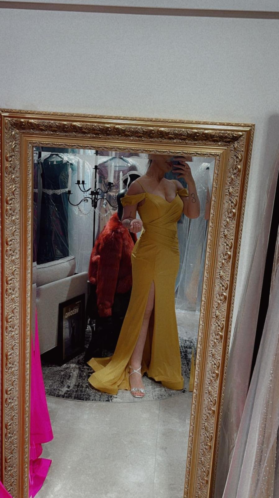 Yellow mustard satin off the shoulder gown