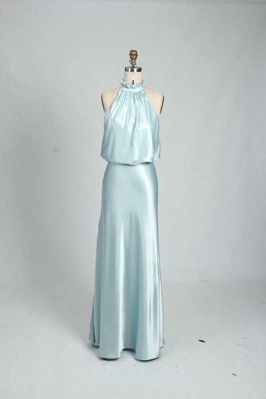 Satin halter neck bodice with fitted skirt and a light fish tail